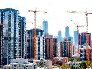 Clădiri moderne în construcție și peisaj urban dinamic.