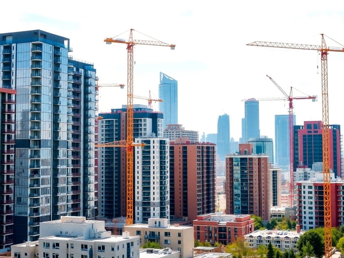 Clădiri moderne în construcție și peisaj urban dinamic.