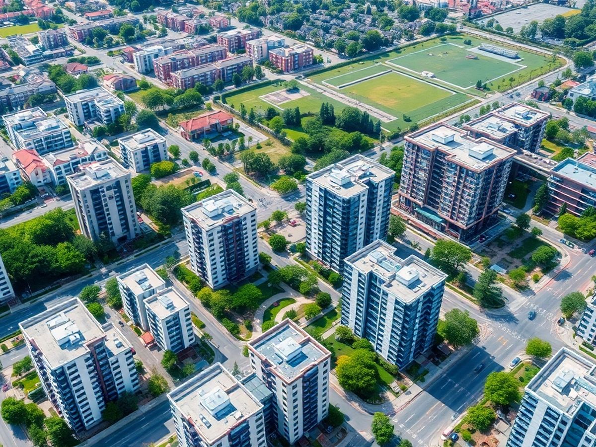 Vedere aeriană a dezvoltării imobiliare urbane.