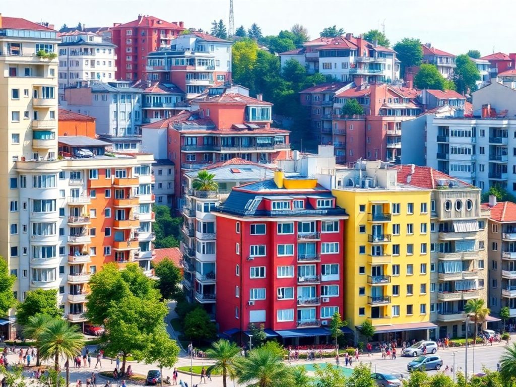 Peisaj urban cu clădiri de apartamente din România.