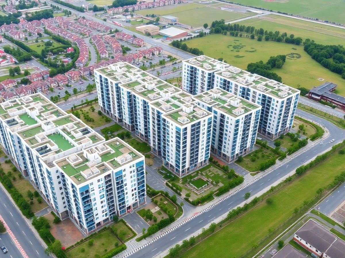 Zonă rezidențială modernă în dezvoltare, cu clădiri noi.