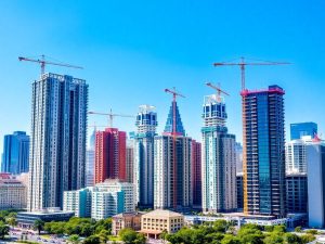 Orizont urban cu clădiri moderne în construcție.