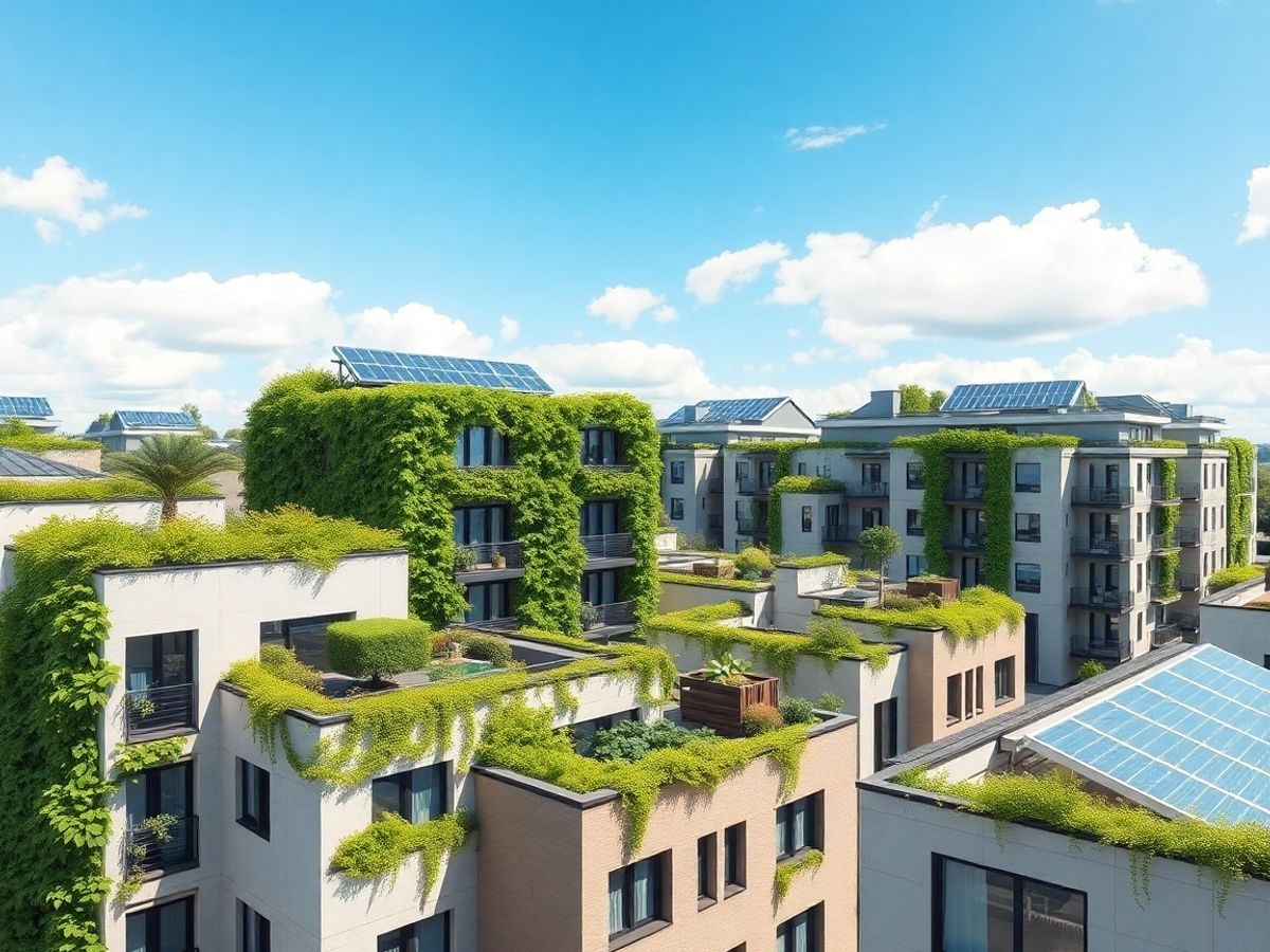 Clădiri verzi moderne, cu panouri solare și grădini verticale.
