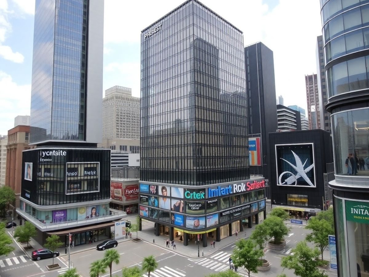 Clădiri moderne de birouri și spații comerciale vizibile.