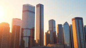 Oraș cu zgârie-nori sub lumina soarelui.