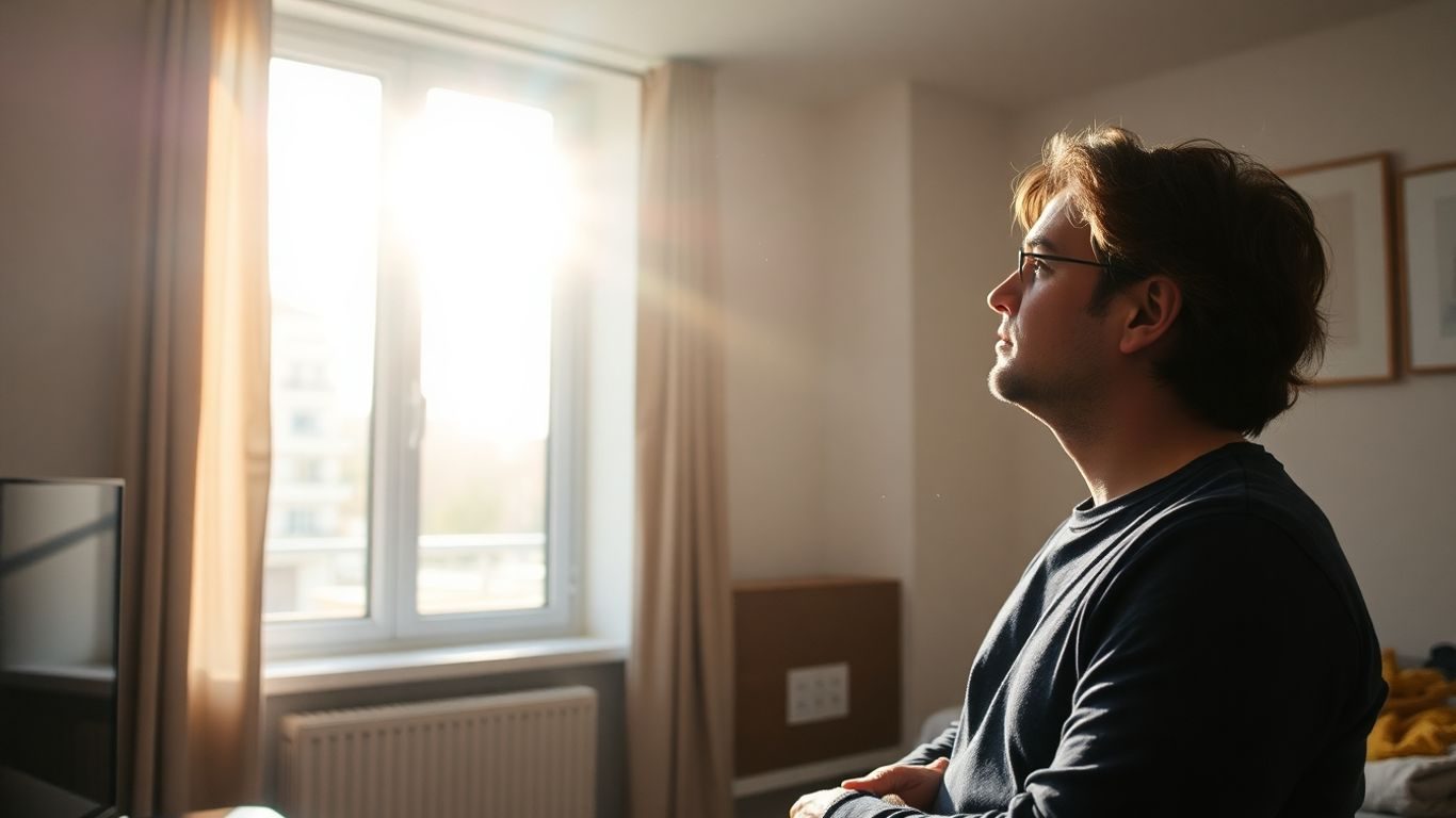 Chiriașul privește pe fereastră, gânditor.