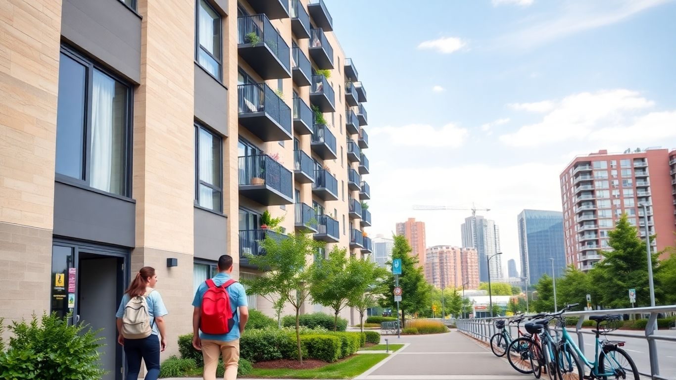 Complex modern cu studenți, biciclete și spații verzi