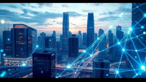 Oraș futurist cu elemente digitale și imobiliare.